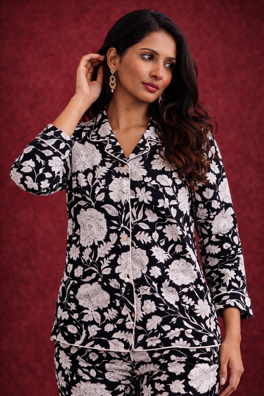 Чёрная пижама с белым цветочным узором, S, XL