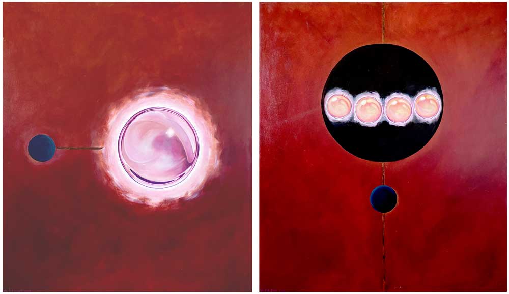Modern painting diptych spheres "Сommunication" author's conceptual, oil on 2 canvases 140x120 cm