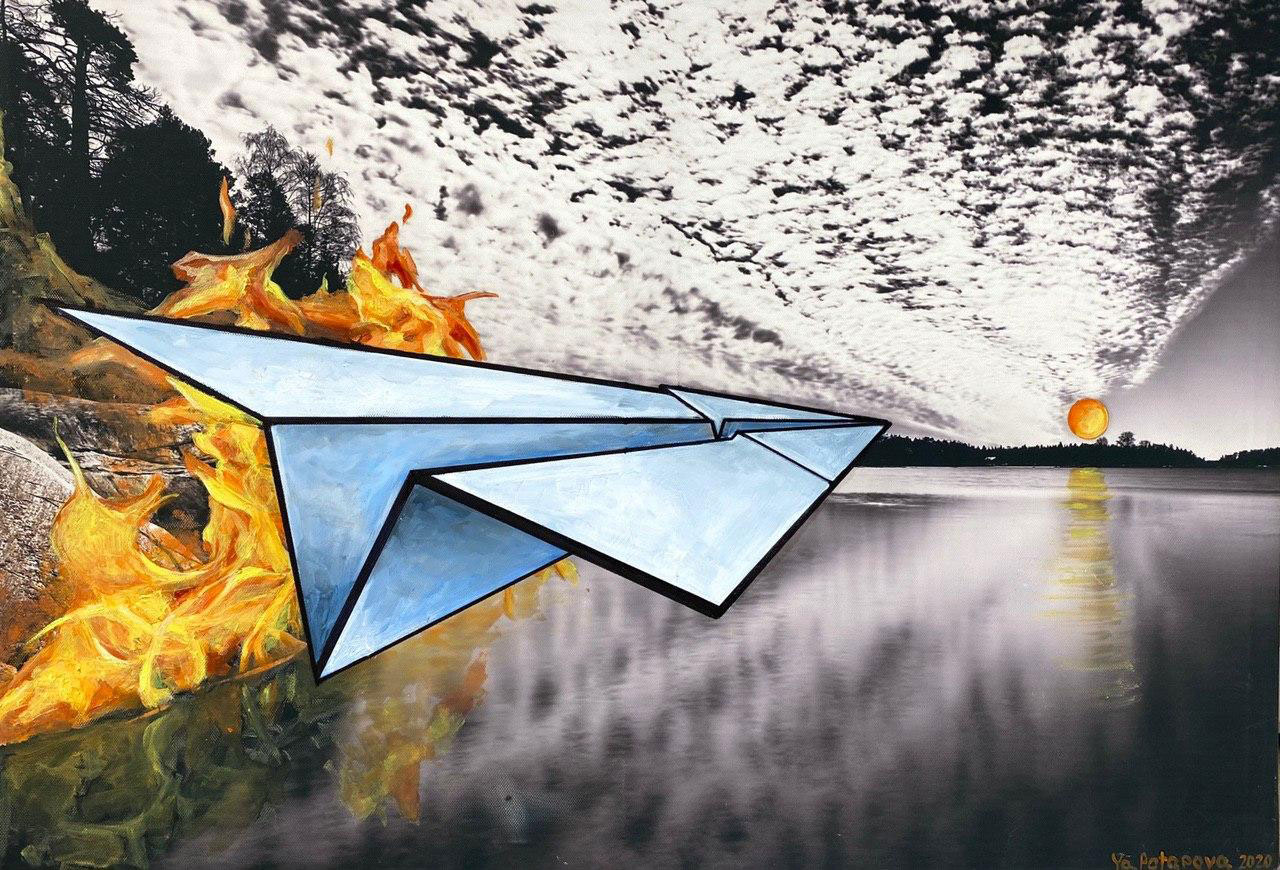 Modern painting plane "Freedom" author's conceptual, oil on canvas & digital print 45x65 cm