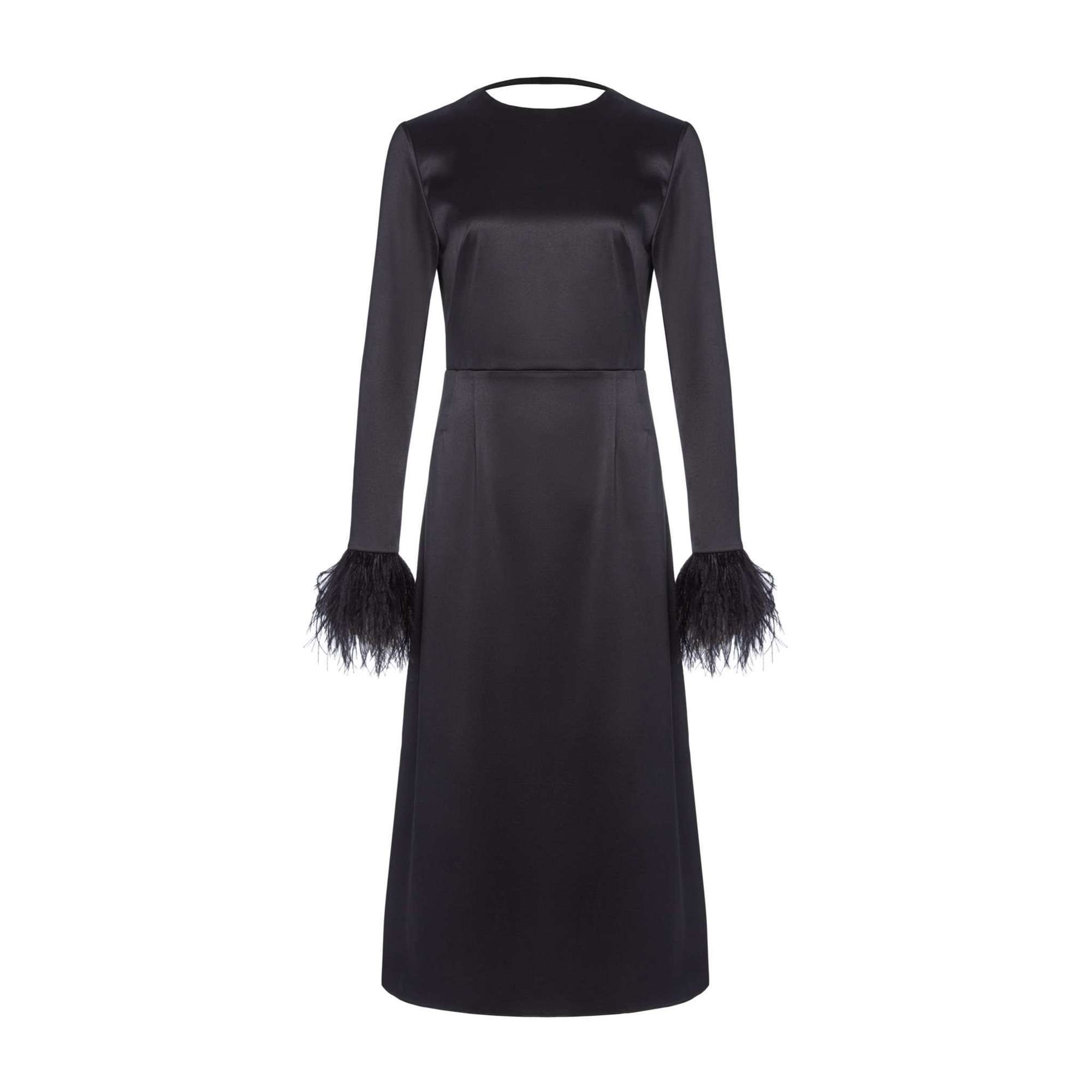 Платье из атласа чёрного цвета с перьями страуса