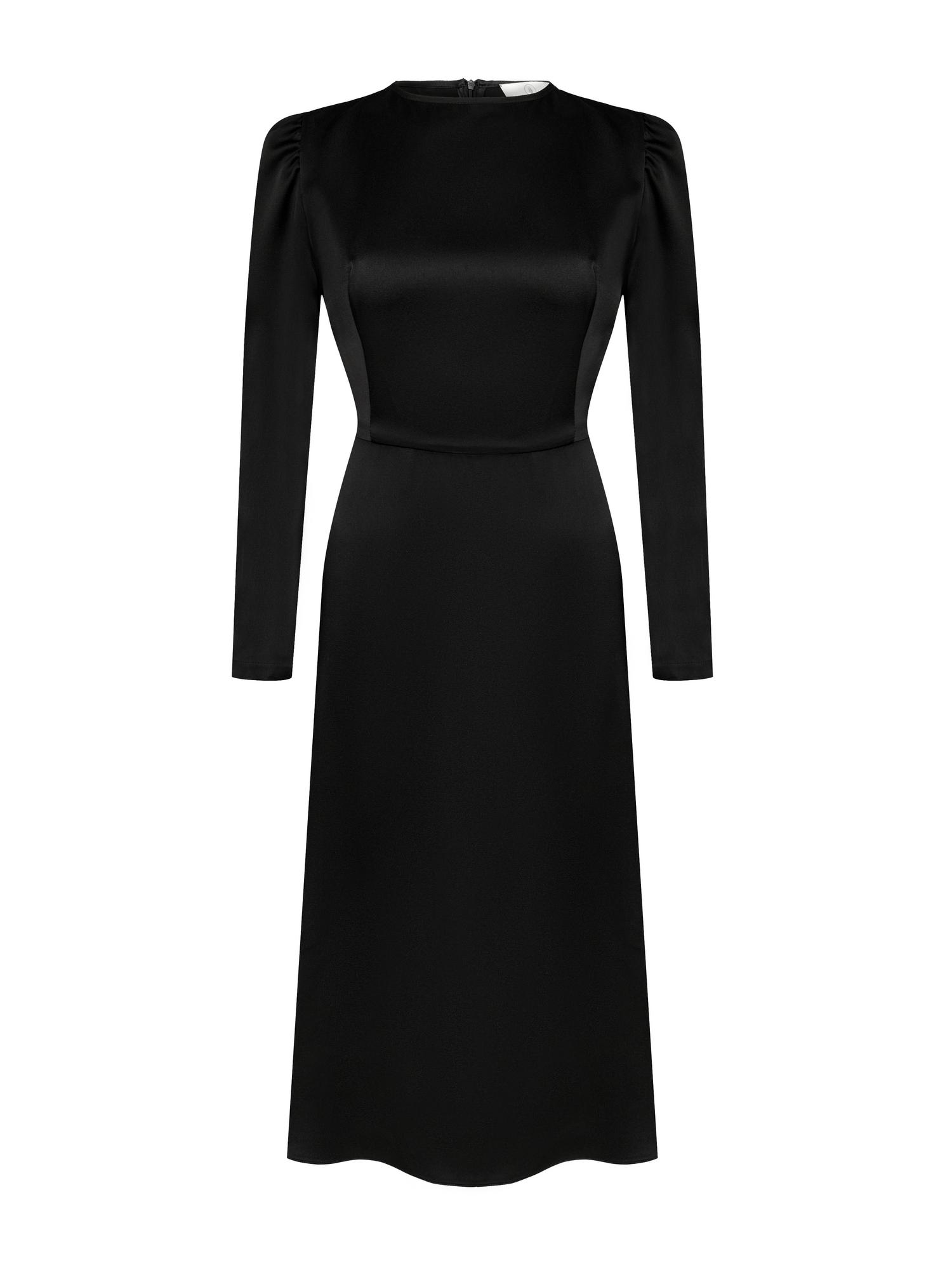 Чёрное платье миди из шёлкового кади с длинными объёмными рукавами-буфами