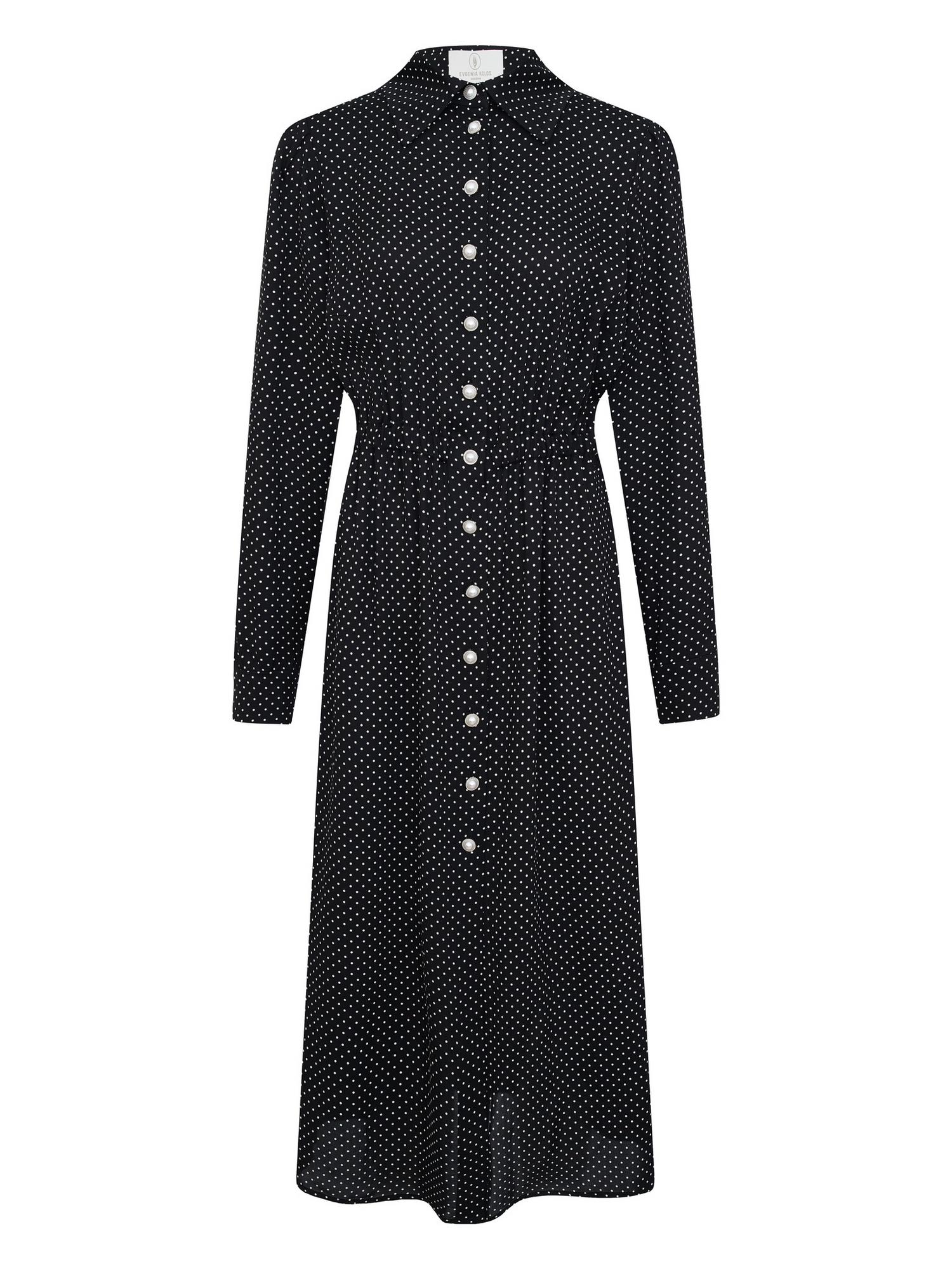 Тёмно-коричневое платье-рубашка в мелкий горошек