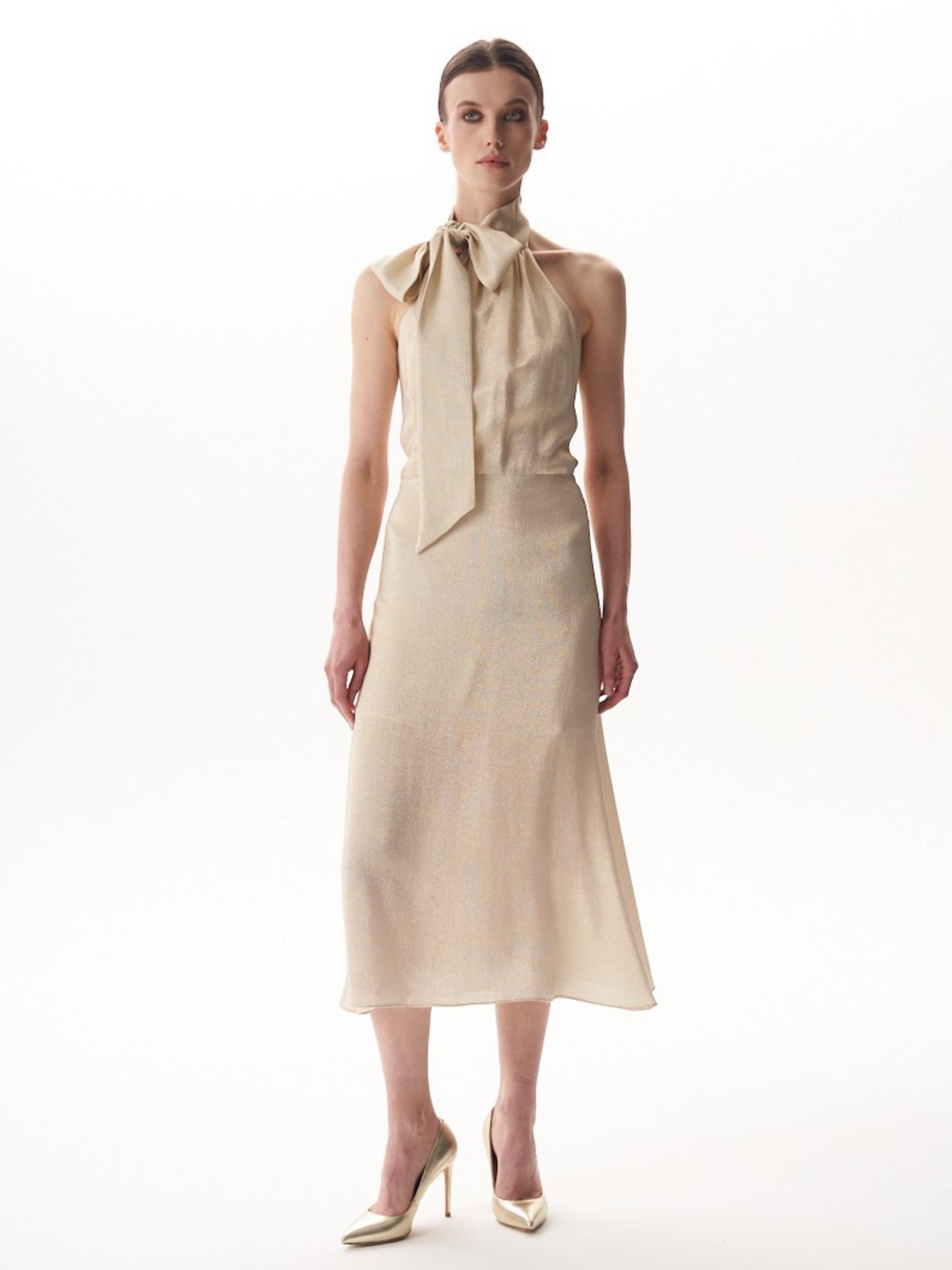 Золотое платье халтер из вискозы и металлизированной нити