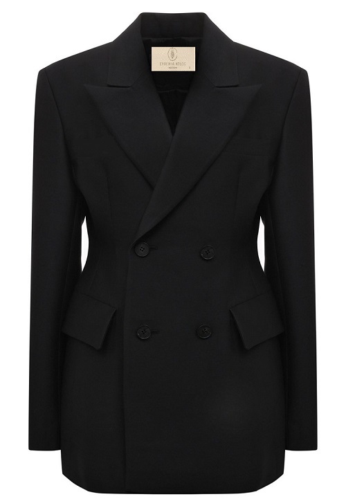 Двубортный приталенный жакет чёрного цвета из люксовой шерсти