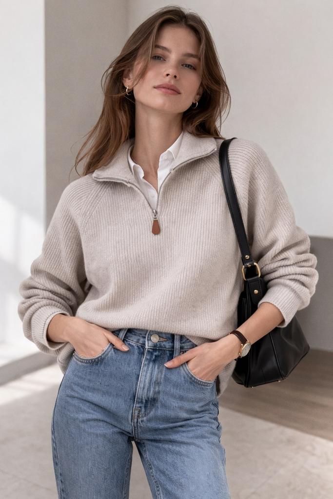 Свитер реглан из мериноса с молнией, светло-серый