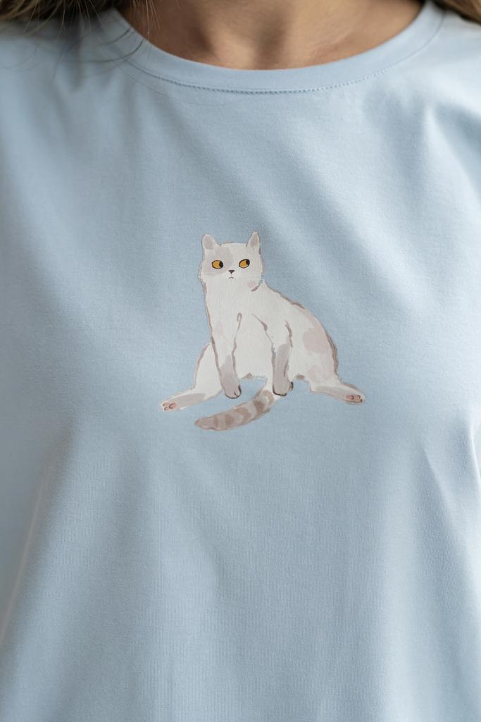 Футболка с котиком голубая