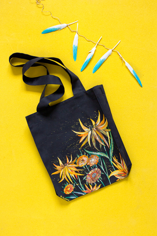 Черная сумка - шоппер с росписью - Подсолнухи Ван Гога