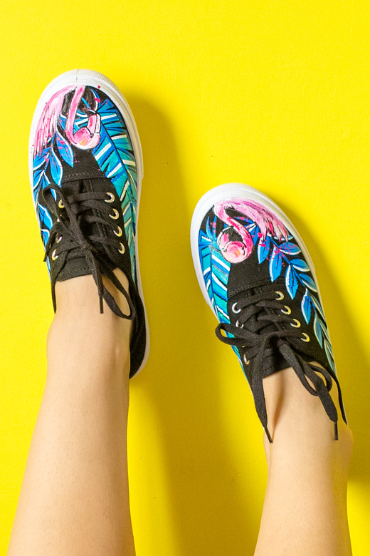 Черные кеды с росписью - Розовый Фламинго