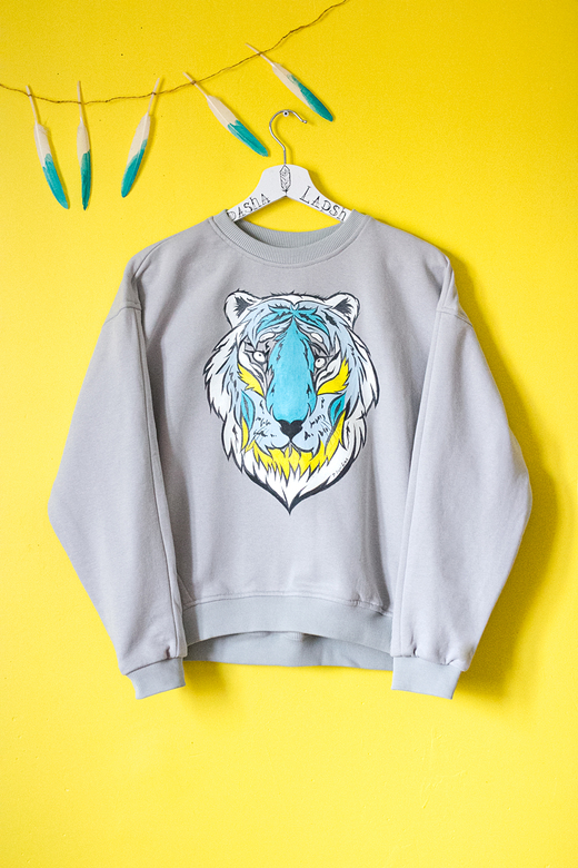Серый Свитшот с росписью - Тигр. Tiger