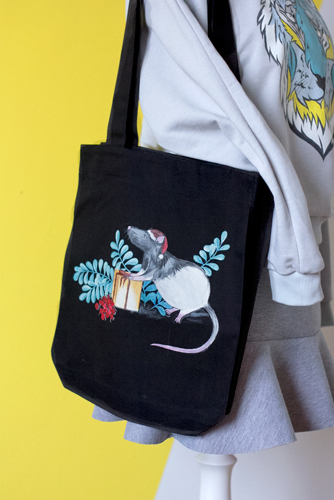 Черная сумка - шоппер с росписью - Новогодняя крыска