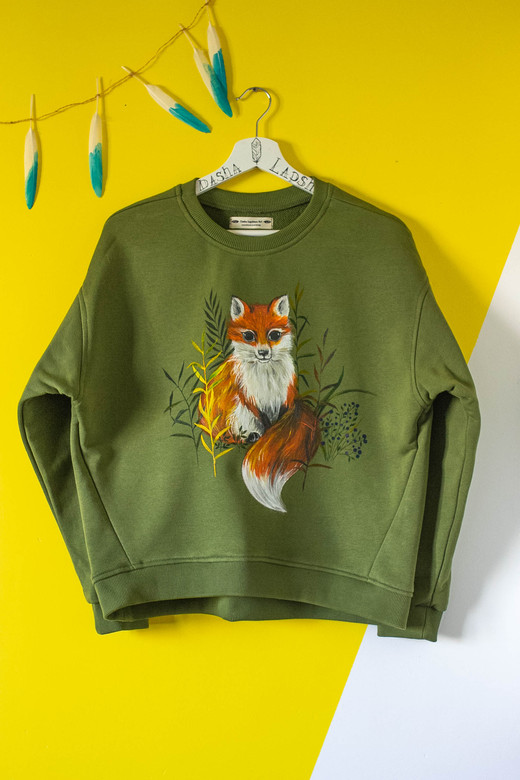 Хаки свитшот с росписью - Маленький лисёнок