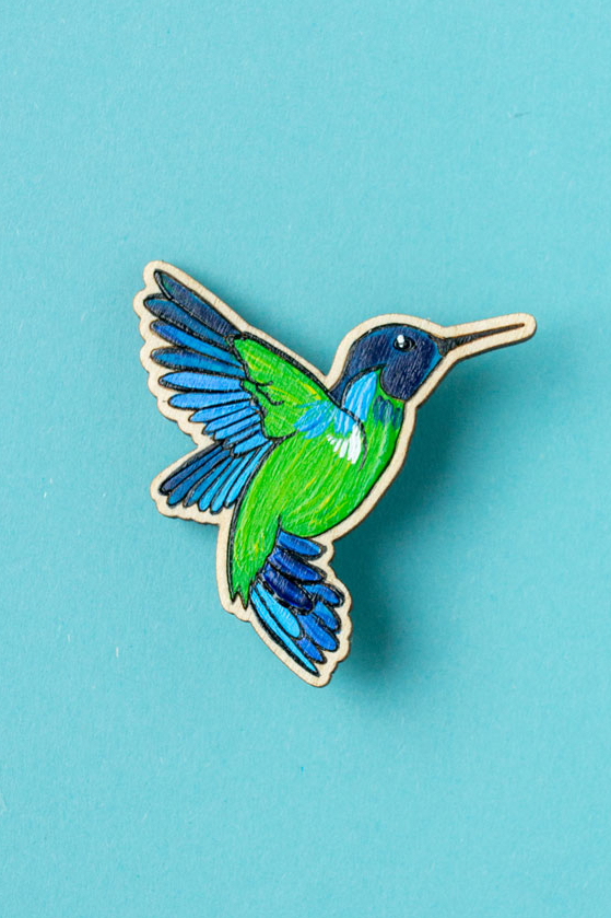 Деревянная брошь с росписью - Колибри