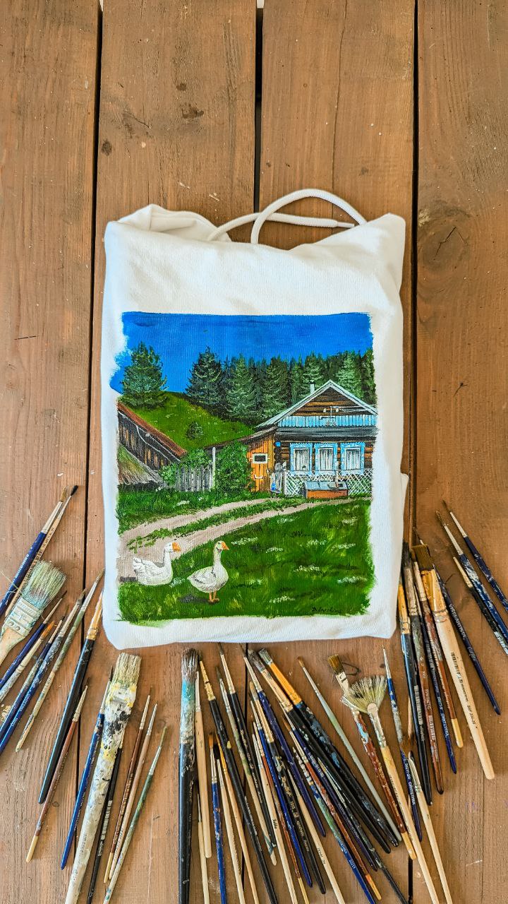 Белая толстовка с росписью - Русская деревня