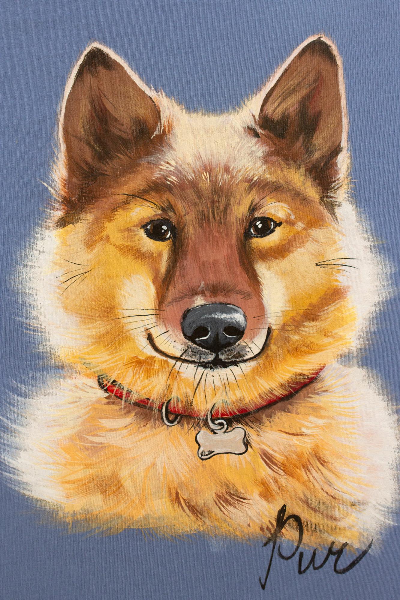 Синяя футболка с росписью - Портрет собаки