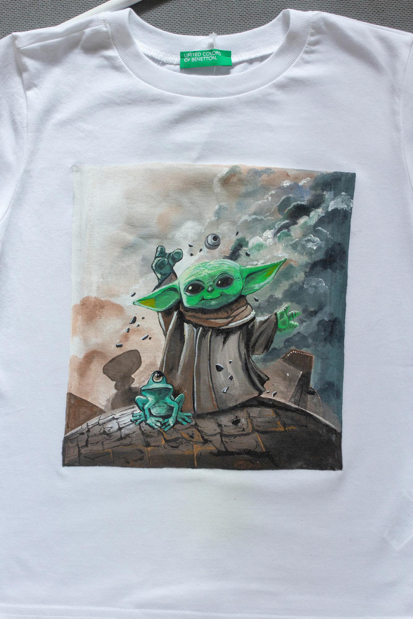 Футболка с росписью - Малыш Йода, Baby Yoda, Mandalorian