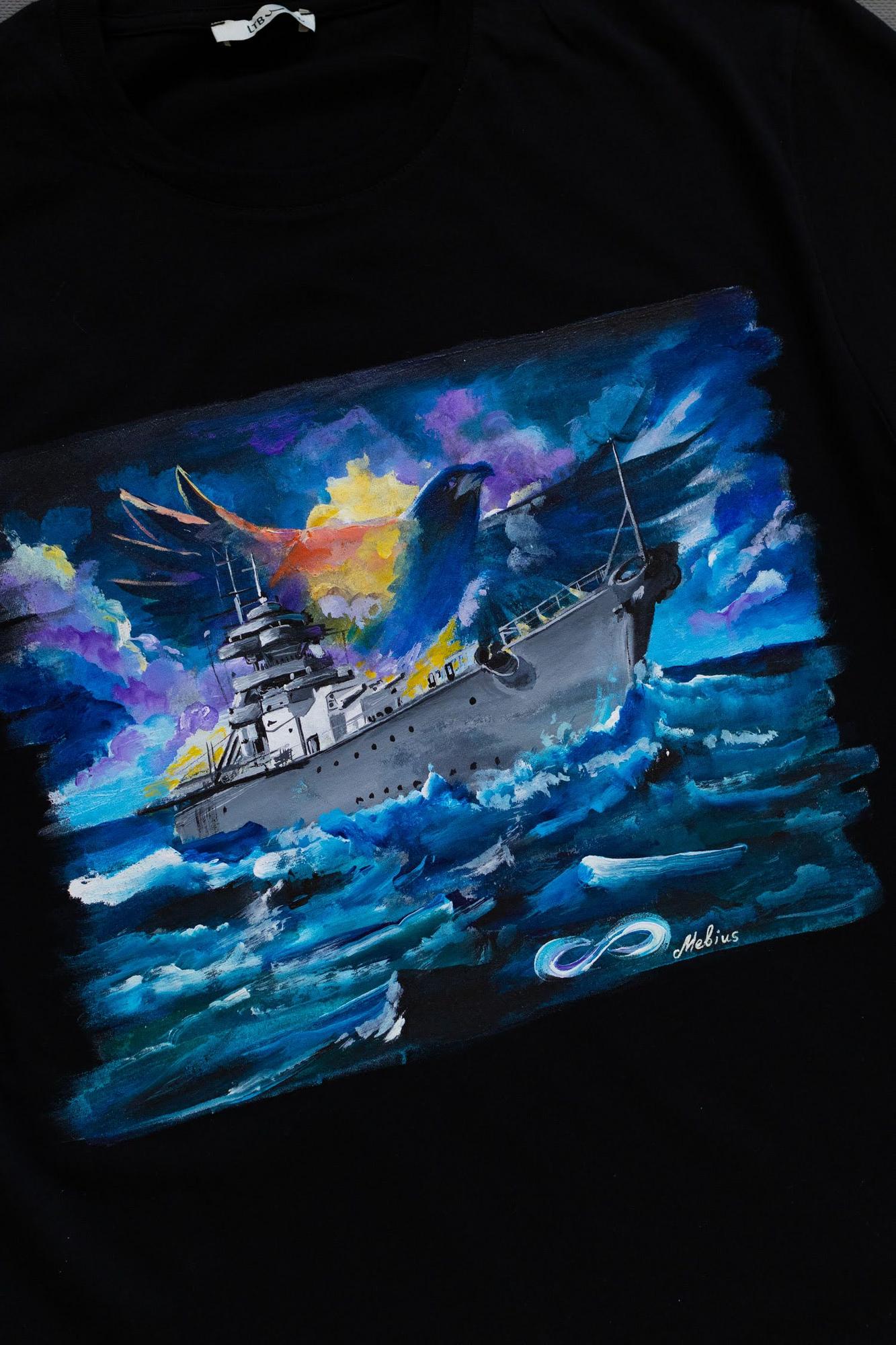 Чёрная мужская футболка с росписью - линкор Бисмарк, военный корабль