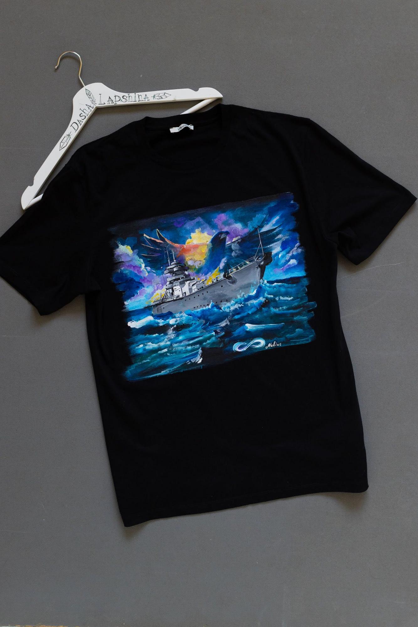 Чёрная мужская футболка с росписью - линкор Бисмарк, военный корабль