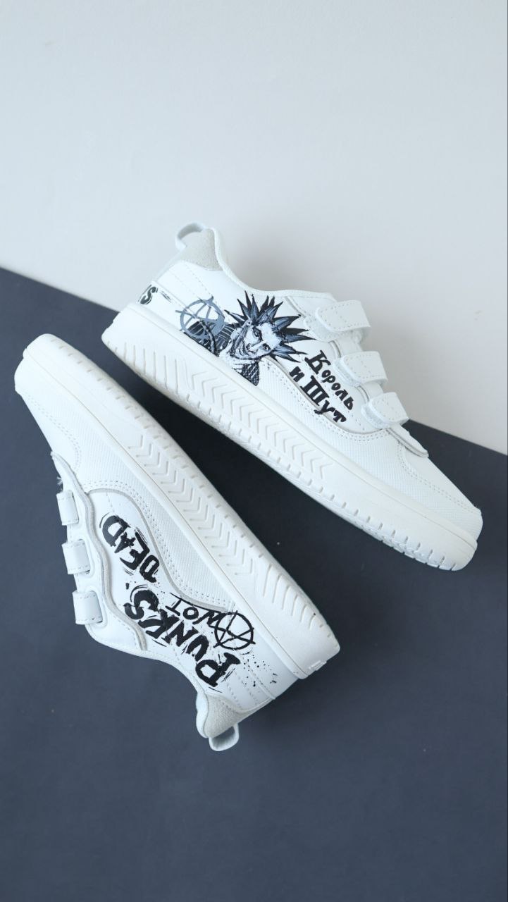 КиШ - белые кеды из кожи с росписью - Король и Шут