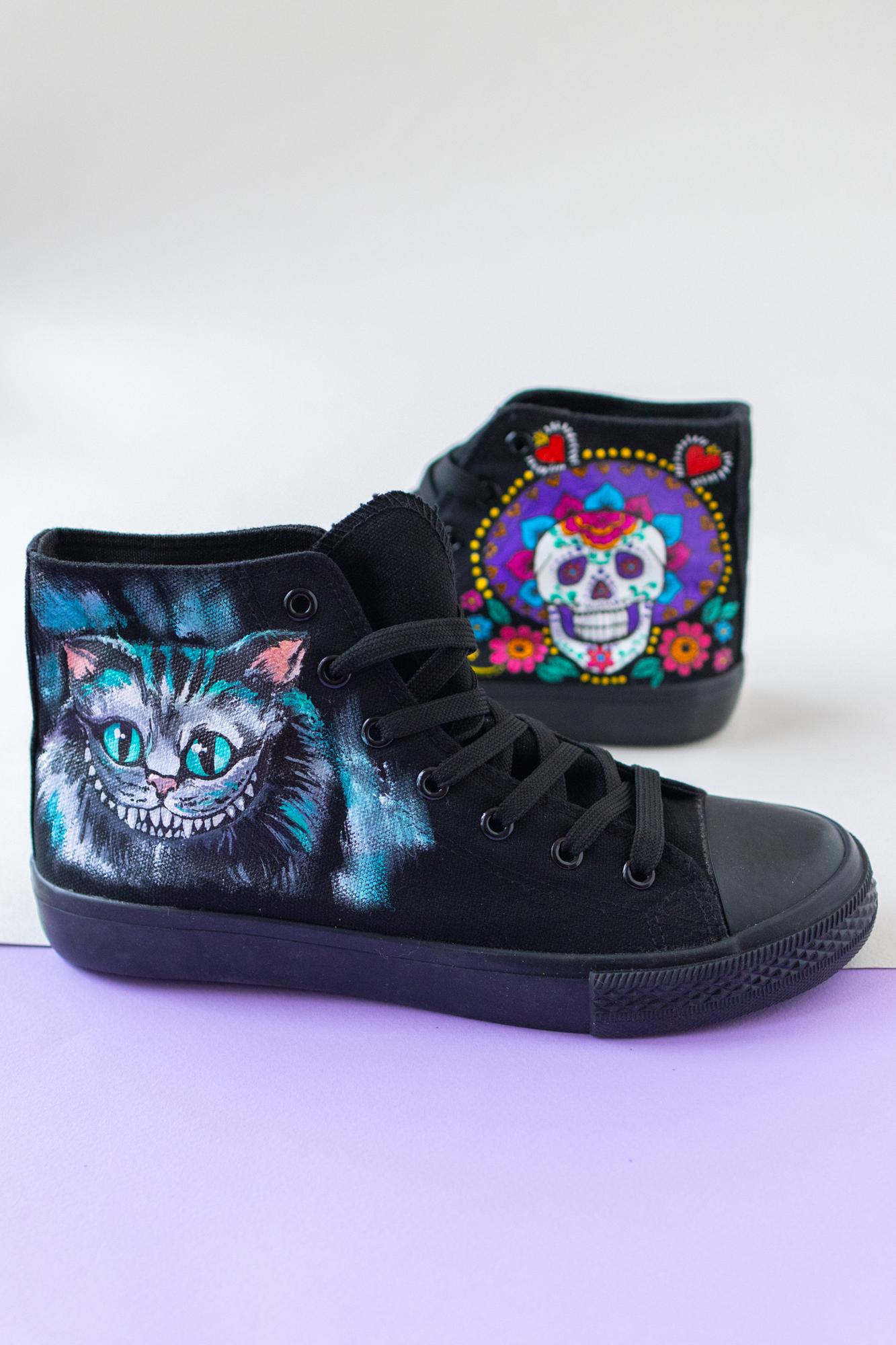 Кеды высокие с росписью -  Чеширский кот + Dia de los Muertos