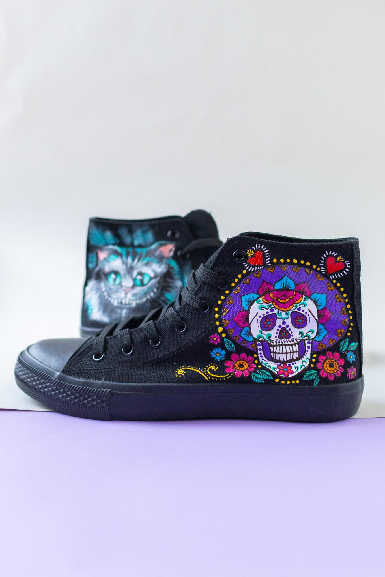 Кеды высокие с росписью -  Чеширский кот + Dia de los Muertos