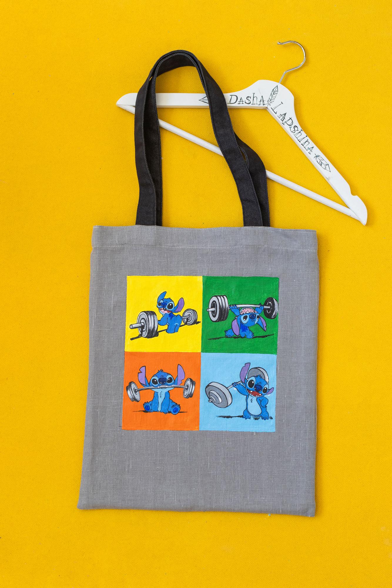 Сумка-шоппер с росписью - Стич с гантелями