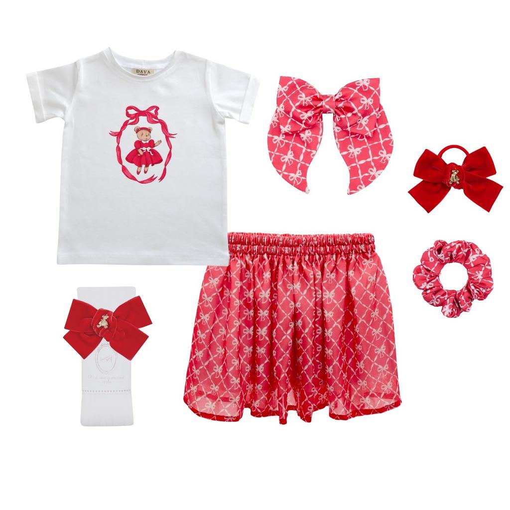 Комплект для девочки  "COLOR DAVA  RED BONNY VINTAGE" (юбка шифоновая короткая ,футболка, гольфы, заколка-бант, 2 резинки)