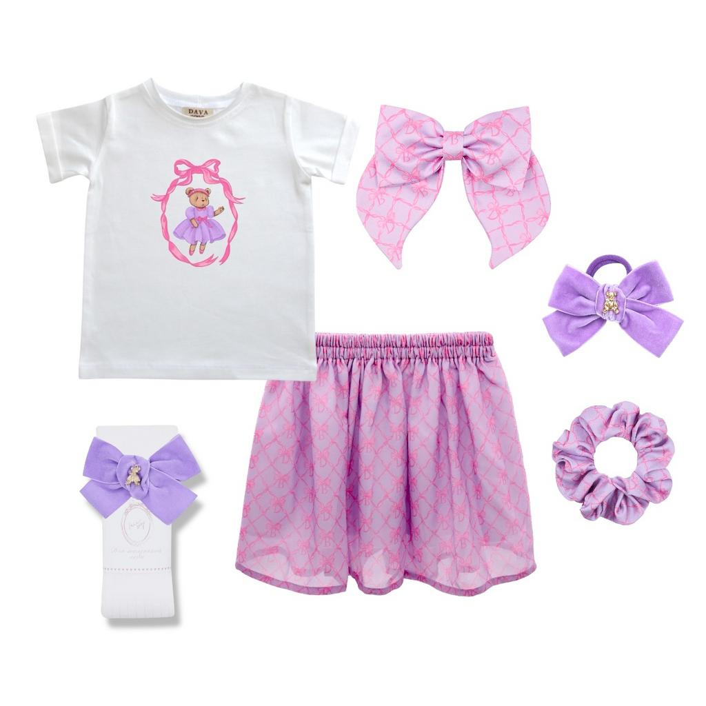 Комплект для девочки  "COLOR DAVA BONNY VINTAGE сиреневый/розовый" (юбка шифоновая короткая ,футболка, гольфы, заколка-бант, 2 резинки)