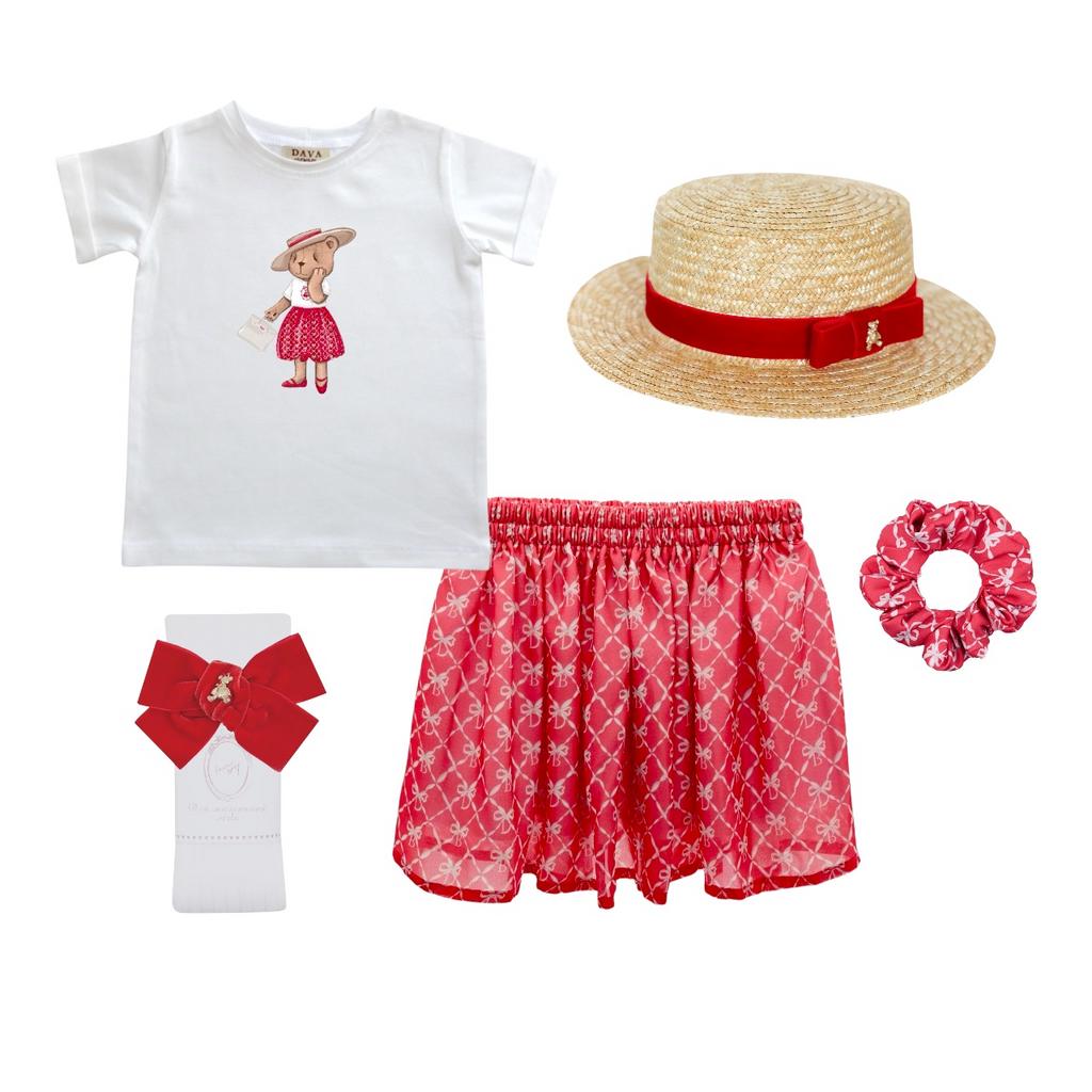 Комплект для девочки  "COLOR DAVA  RED CELINE" (юбка шифоновая короткая ,футболка, гольфы, шляпа, резинка скранч)