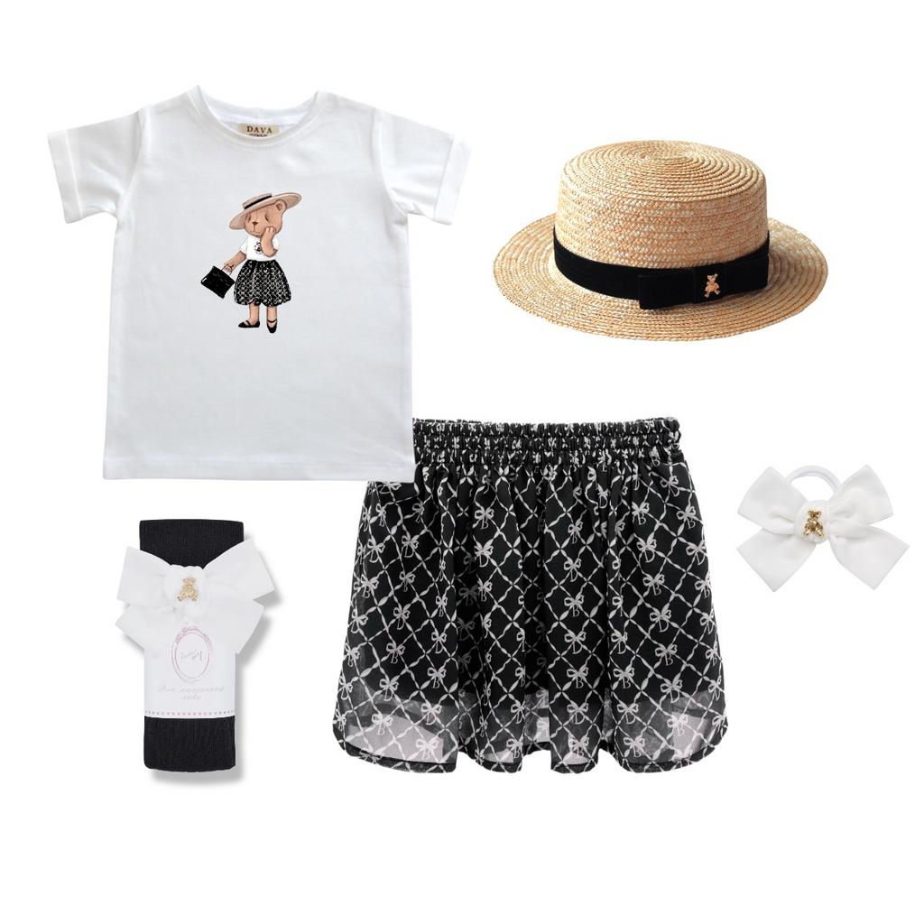 Комплект для девочки  "COLOR DAVA  BLACK CELINE" (юбка шифоновая короткая ,футболка, гольфы, шляпа, резинка скранч)