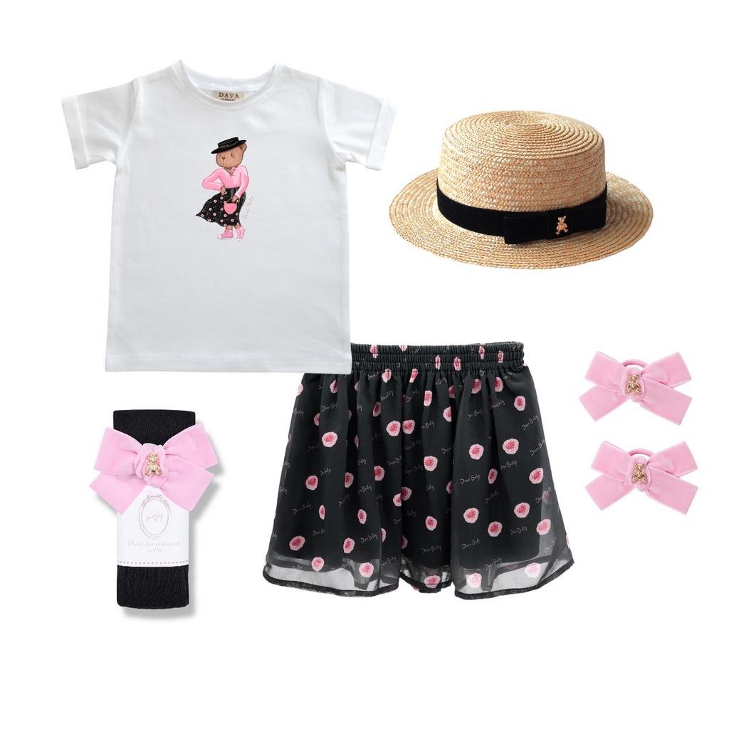 Комплект для девочки  "ROSE BLACK"  (юбка шифоновая короткая ,футболка, гольфы, шляпа, 2 резинки)
