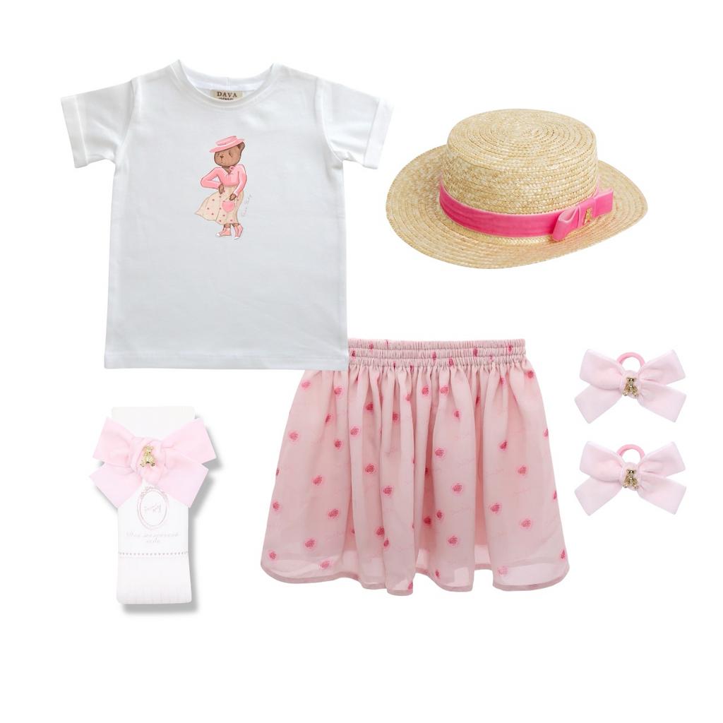 Комплект для девочки  "ROSE PINK"  (юбка шифоновая короткая ,футболка, гольфы, шляпа, 2 резинки)