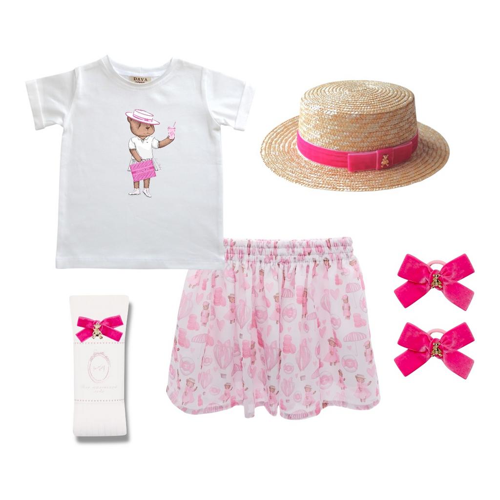 Комплект для девочки  "SUMMER LOVE AND REBECCA"  (юбка шифоновая короткая ,футболка, гольфы, шляпа, 2 резинки)