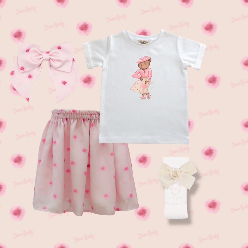 Комплект для девочки SALE ROSE PINK (юбка+футболка+гольфы+бант на заколке)
