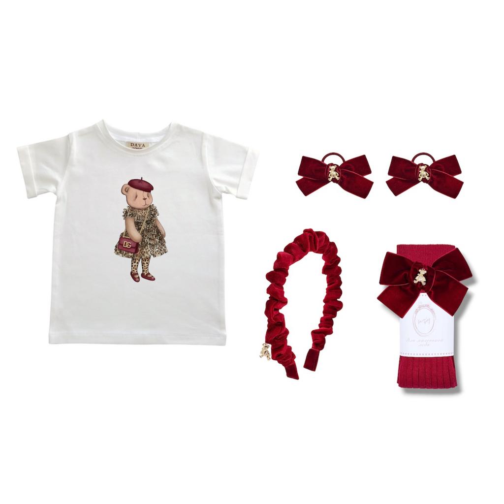 Комплект Leopard Red из 5 предметов (футболка, ободок, гольфы, 2 резинки)