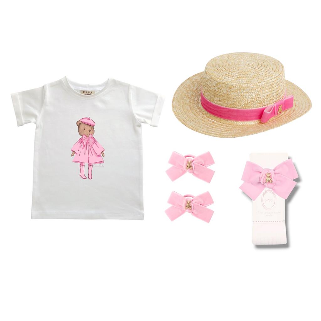 Набор SALE 101 (шляпа-канотье, футболка, гольфы и 2 резинки золотой мишка)