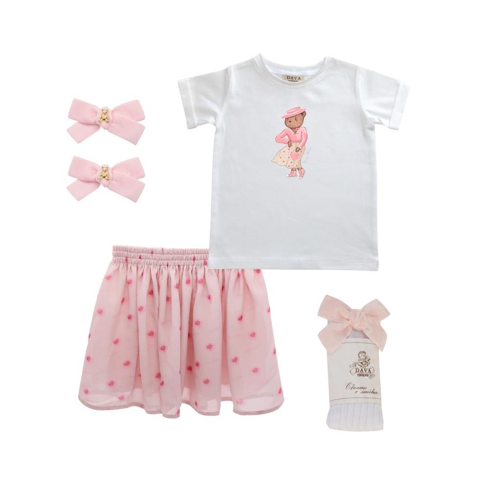 Комплект для девочки  "ROSE PINK SALE"  (юбка шифоновая короткая ,футболка, гольфы, 2 заколки)
