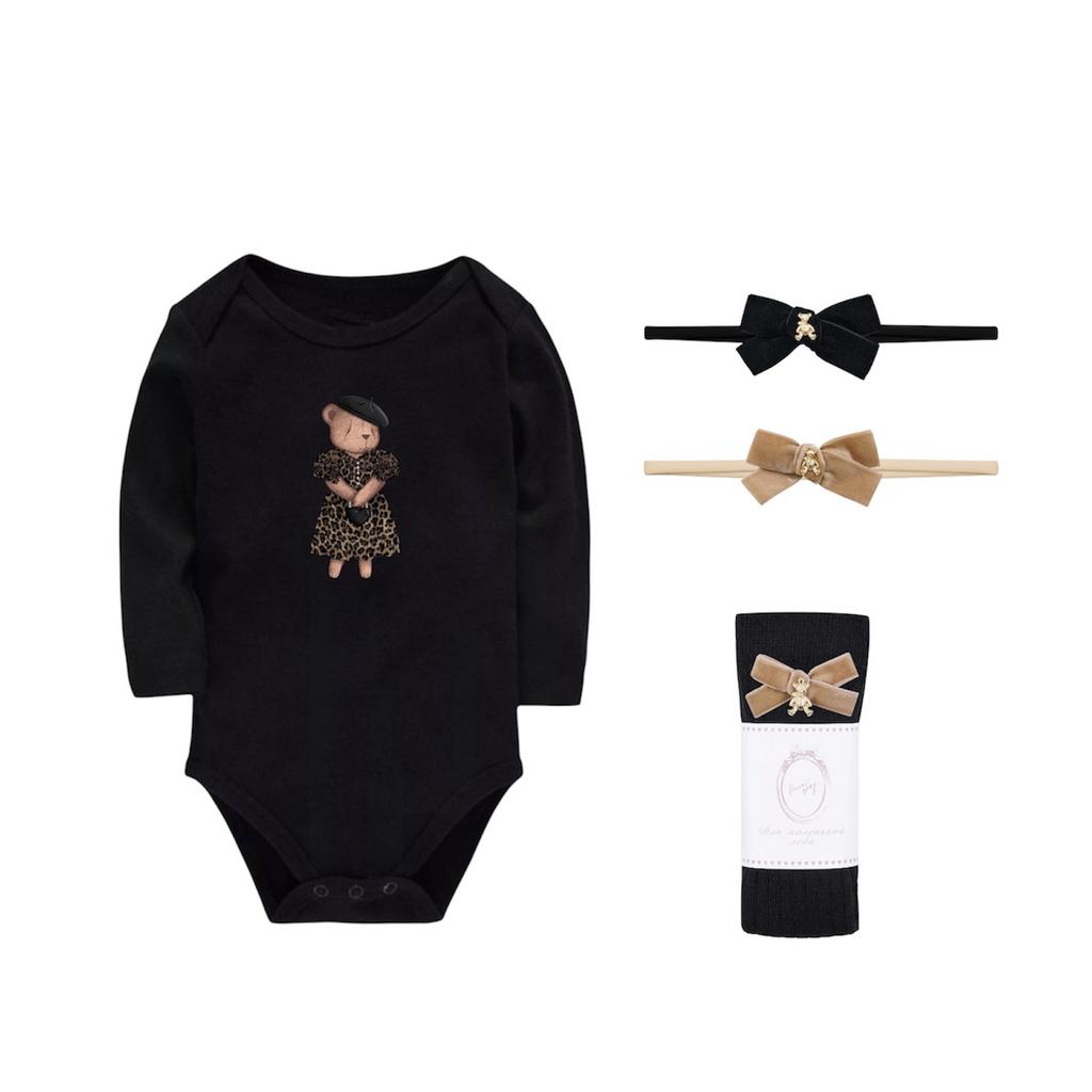 SALE набор Leopard Monica Black боди+гольфы+2 повязки