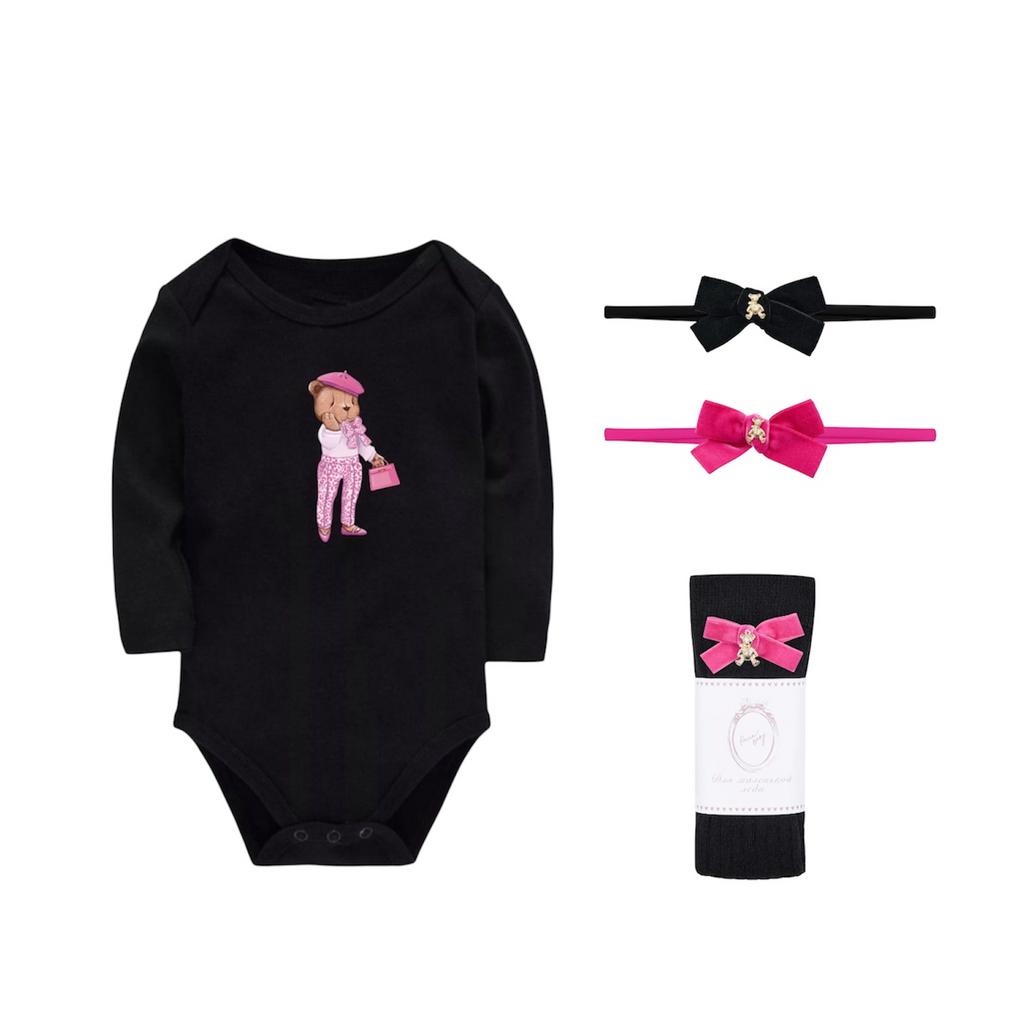 SALE набор Leopard Pink Black боди+гольфы+2 повязки