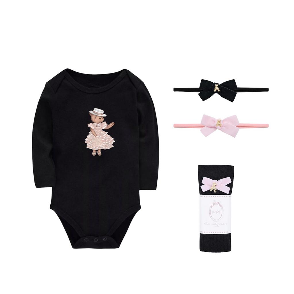 SALE набор Flora Black боди+гольфы+2 повязки