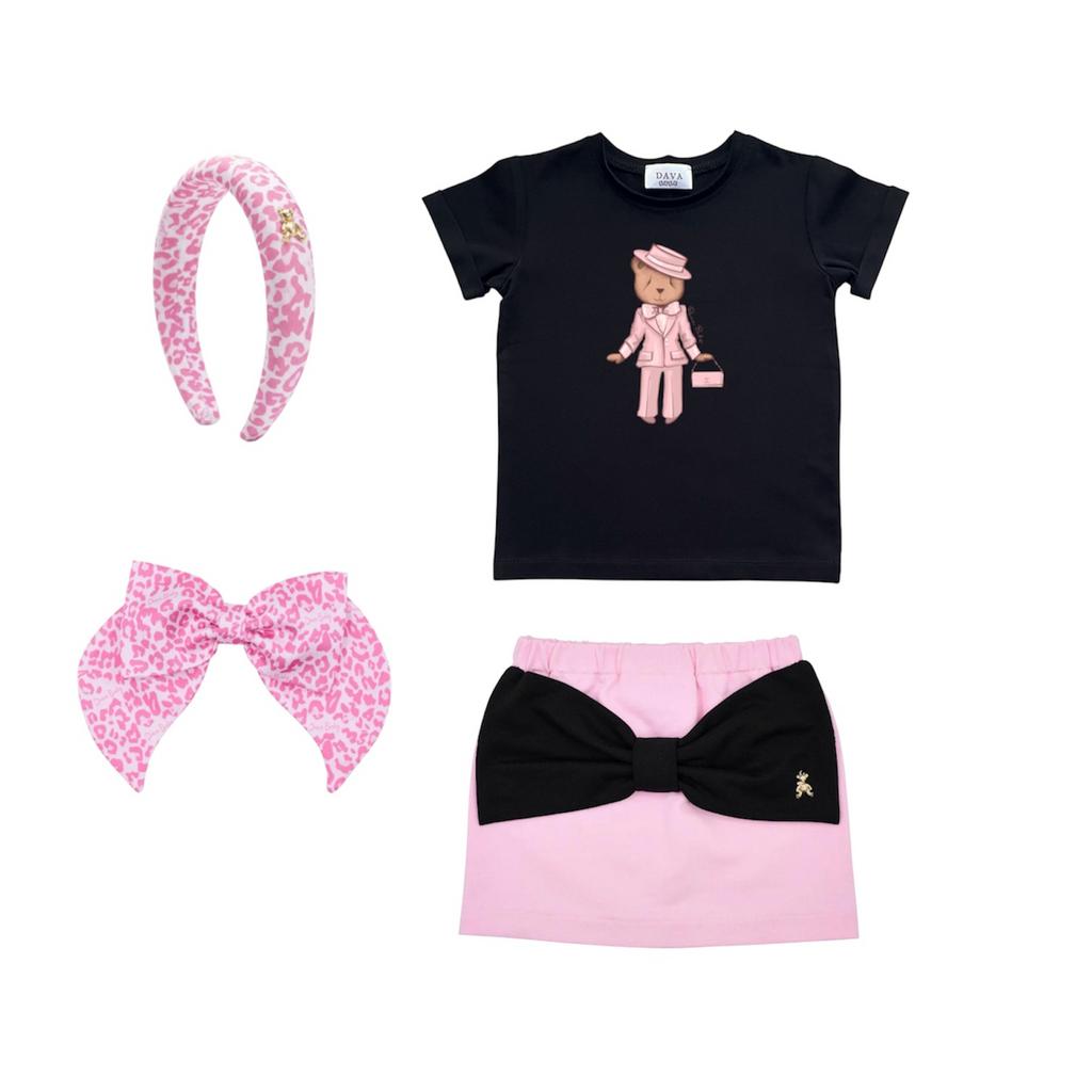 Комплект для девочки BOW SALE (юбка, футболка, ободок, бант) цвет: черный/розовый