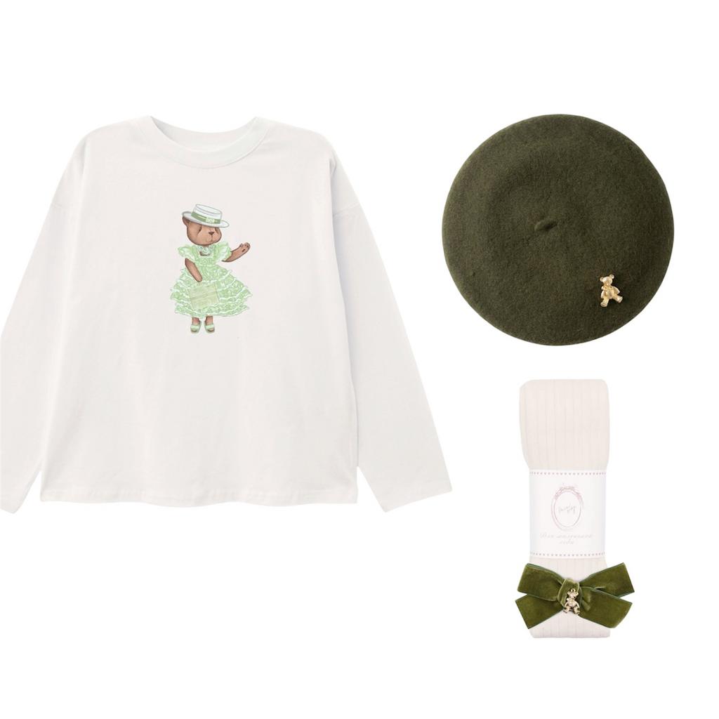 Комплект Sale с беретом Flora оливковый (берет, лонгслив, колготки)