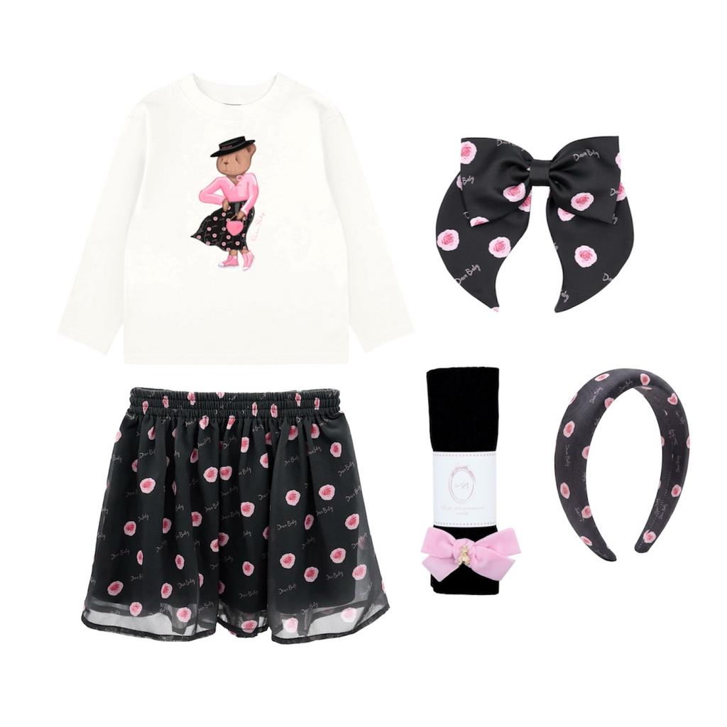 Комплект для девочки  "ROSE BLACK SALE"  (юбка шифоновая короткая , лонгслив, колготки, ободок, бант)