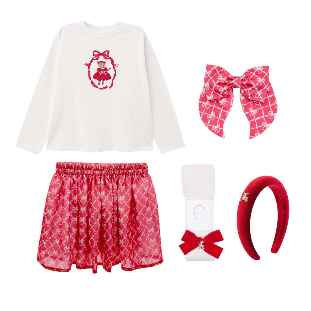 Комплект для девочки  "COLOR DAVA RED SALE"  (юбка шифоновая короткая , лонгслив, колготки, ободок, бант) - копия