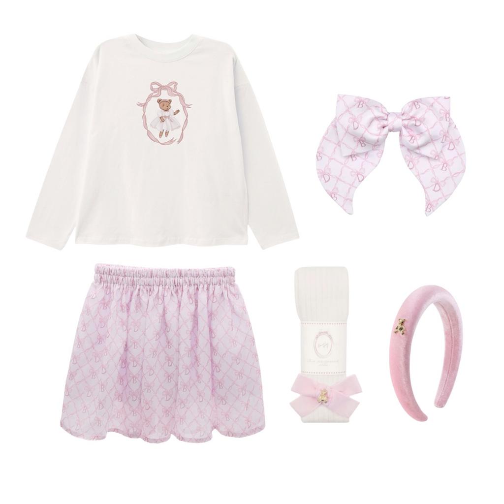 Комплект для девочки  "COLOR DAVA PINK SALE"  (юбка шифоновая короткая , лонгслив, колготки, ободок, бант) - копия - копия