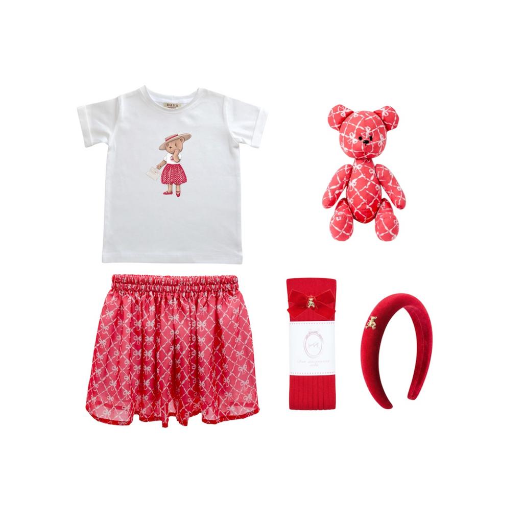 Комплект  с игрушкой мишкой   "COLOR DAVA RED SALE"  (юбка шифоновая  короткая , футболка, гольфы, ободок, мишка)