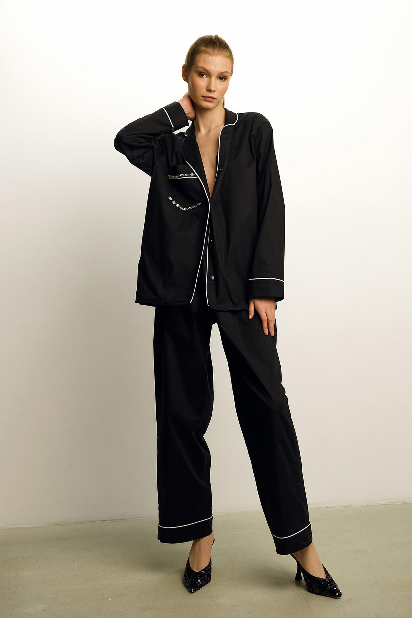 Черный пижамный комплект с кантом и камнями FOR BEST MAMA