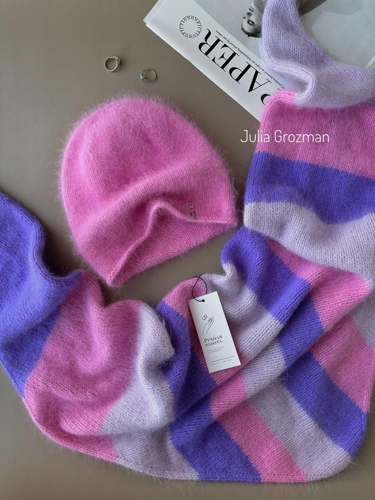 Вязаный комплект (розовый/сиреневый) шапка+косынка