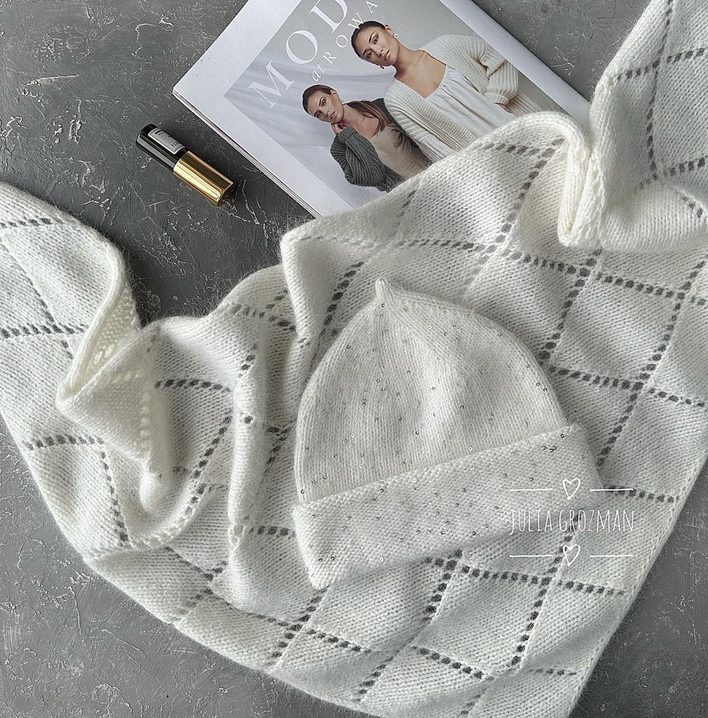 Вязаный комплект (шапка + косынка, молочный с серебром )