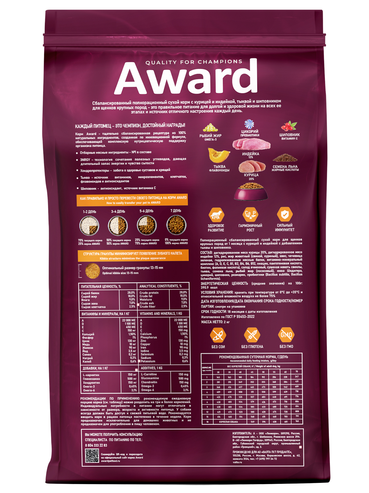 Сухой корм AWARD для щенков от 1 месяца крупных пород с курицей и индейкой с добавлением тыквы и шиповника 2кг