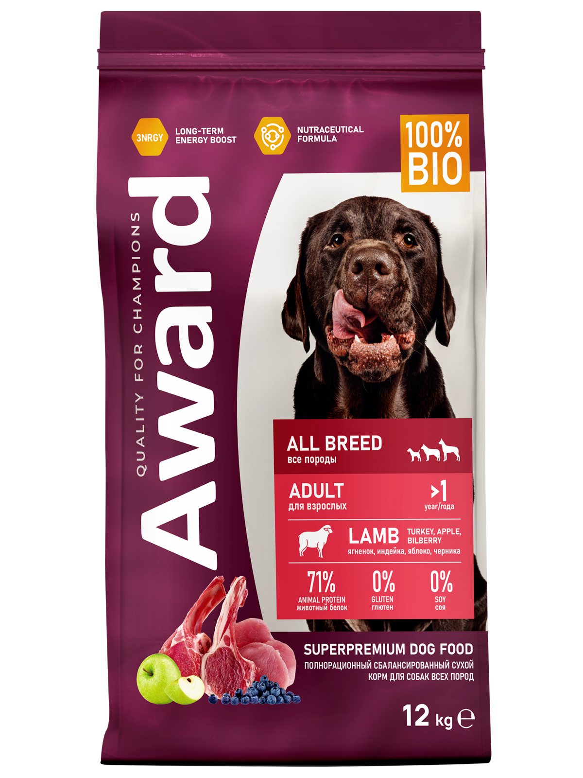 Сухой корм AWARD для взрослых собак всех пород с ягненком и индейкой с добавлением яблока и черники 12кг